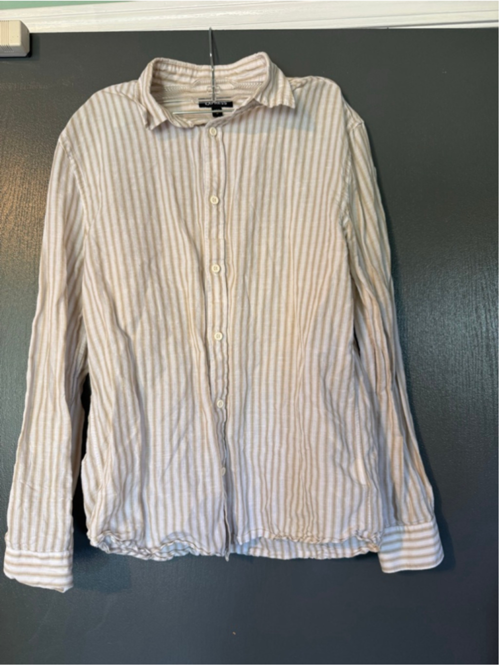 Men's EXPRESS Beige White Striped Casual Button Down Shirt M